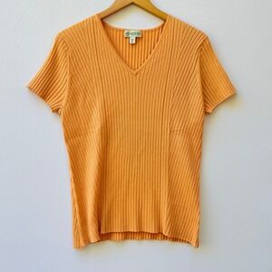Austin Reed Womens XL Soft Orange Silk Blend Ribbed Knit Top V Neck Short Sleeve